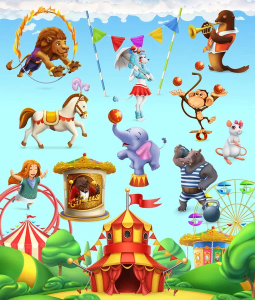 Animales divertidos de circo, conjunto de iconos vectoriales. 3d vector icono conjunto — Vector de stock