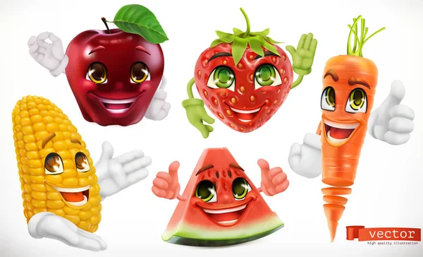 Maíz, manzana, fresa, sandía, zanahoria. Divertidos personajes de dibujos animados. Alimentos para niños, 3d vector conjunto icono — Archivo Imágenes Vectoriales