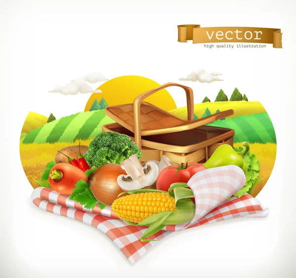 Gård och skörd, realistiska grönsaker. Majs, tomat, lök, peppar, morot, sallad, persilja. Isolerad 3d vektor ikon — Stock vektor