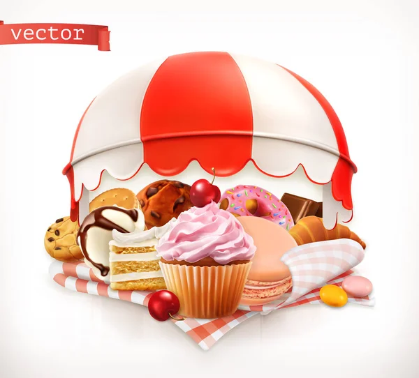 Banketbakkerij, suikergoed. Zoete dessert. Taart, cupcake, donut, opgeklopte room, cookies. 3D-realistische vector — Stockvector