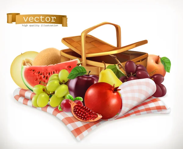 Oogst fruit en bessen. Granaatappel, appel, peer, druiven, watermeloen, meloen. Realistisch 3d vectoricoon — Stockvector