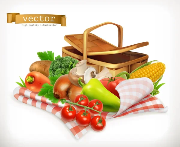 Gård och skörd, realistiska grönsaker. Tomat, lök, peppar, morot och majs. Isolerad 3d vektor ikon — Stock vektor