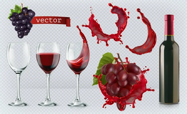 Vino tinto. Vasos, botellas, salpicaduras, uvas. 3d vector realista icono conjunto — Archivo Imágenes Vectoriales