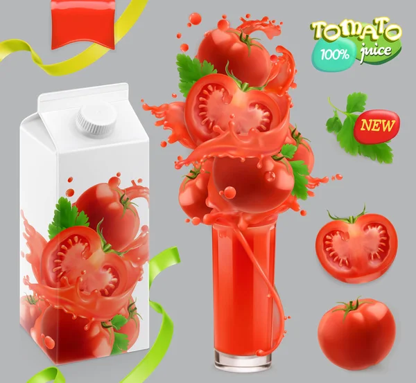 Tomatengemüse. Spritzer Saft. 3D realistischer Vektor, Paket-Design-Set — Stockvektor