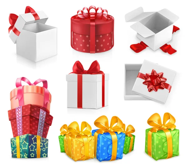 Gift boxes with bows. 3d vector icon set — Stock Vector