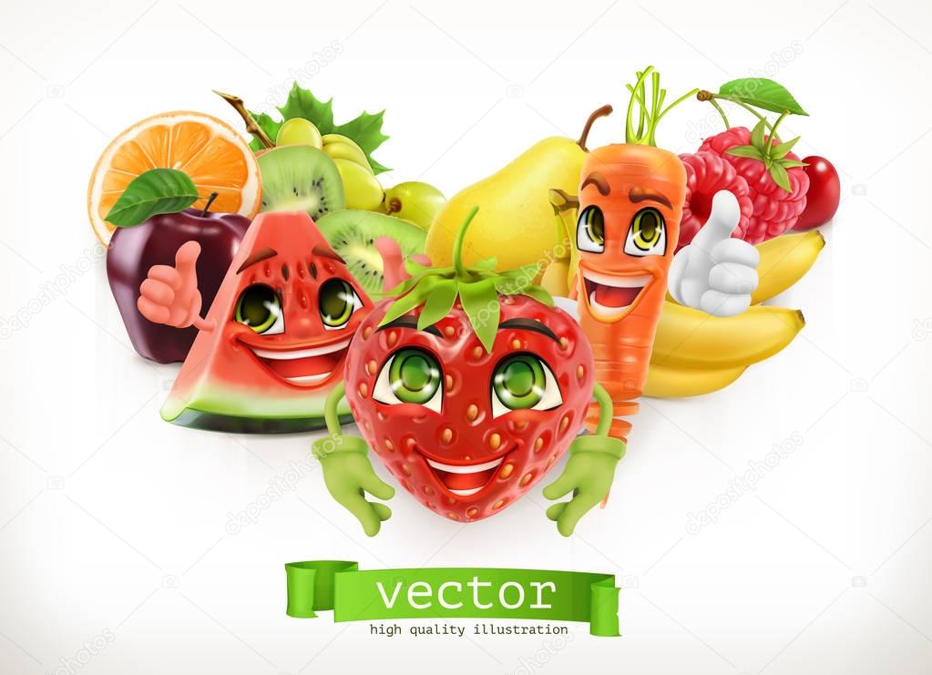 Strawberry, watermelon, carrot and juicy fruits. Funny cartoon characters. Kids food, 3d vector illustration