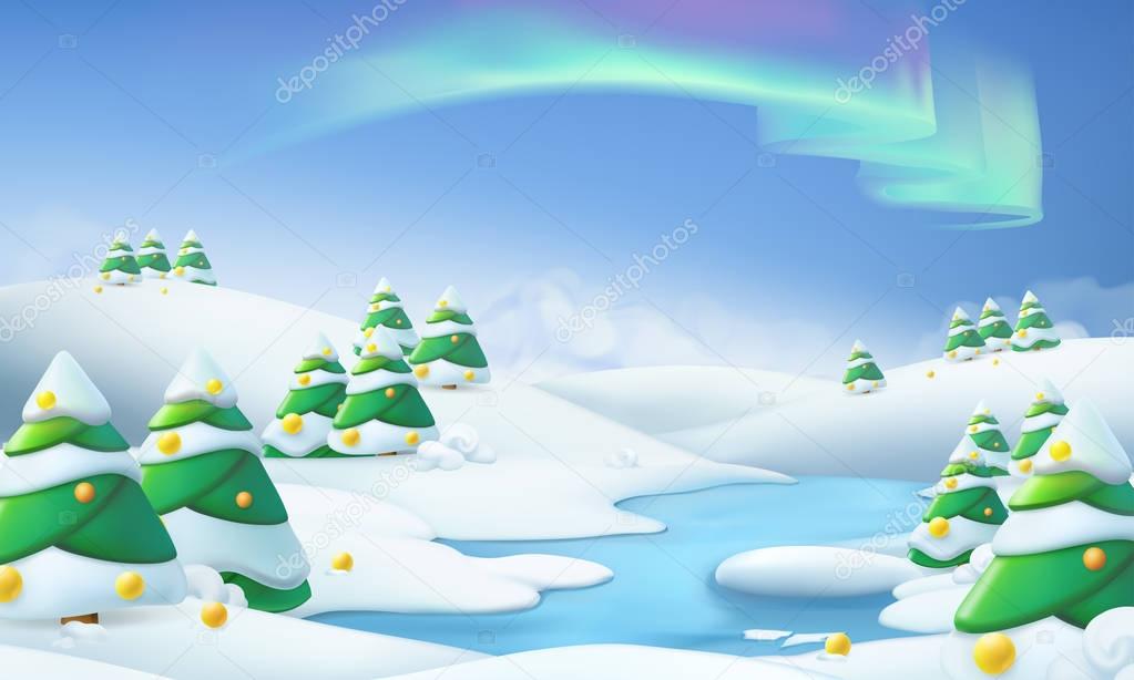 Winter landscape. Christmas background 3d vector illustration