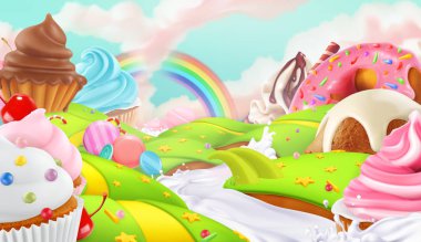 Cupcake, peri kek. Güzel manzara, 3B vektör arka plan