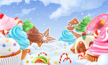 Cupcake, peri kek. Kış güzel manzara. Noel arka plan. 3D vektör çizim