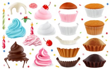 Cupcakes maker. Oluşturma tasarım unsurları ayarlayın. 3D gerçekçi vektör simgeler