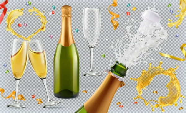 Champagne. Occhiali, bottiglia, spruzzi. Set di icone vettoriali realistiche 3d — Vettoriale Stock