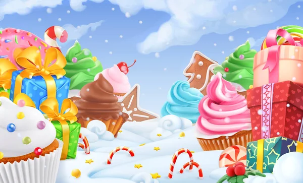 Cupcake, κουτί δώρου. Χειμωνιάτικο γλυκό τοπίο. Χριστούγεννα με φόντο. 3D απεικόνιση του διανύσματος — Διανυσματικό Αρχείο