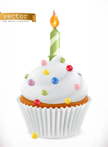 Cupcake festivo con candela. icona vettoriale realistica 3d — Vettoriale Stock