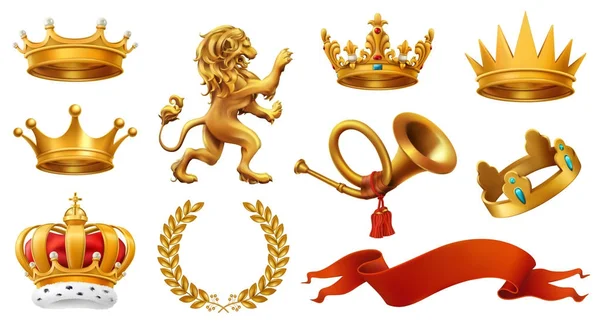 Gold crown of the king. Laurel wreath, trumpet, lion, ribbon. 3d vector icon set — Stock Vector