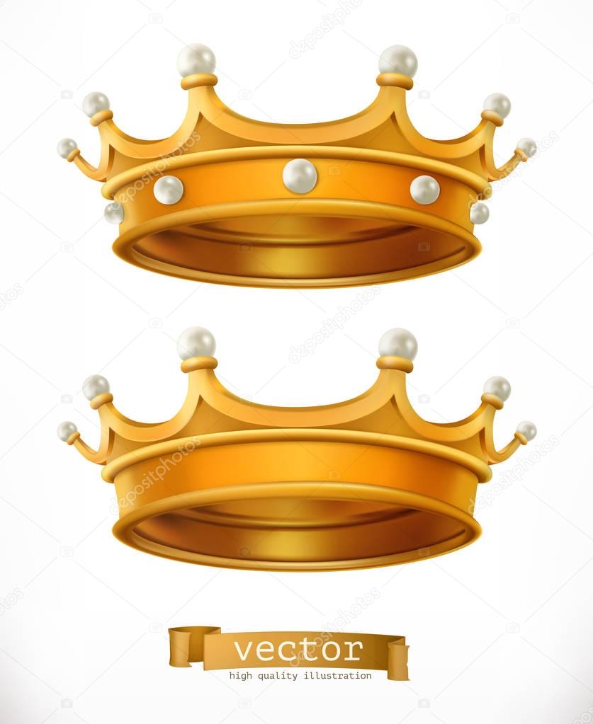 Gold crown, king. 3d realistic vector icon