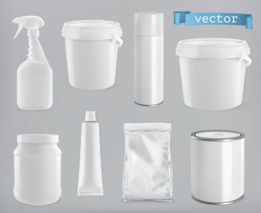 Ambalaj inşaat ve sıhhi. Beyaz plastik, metal ve kağıt topla. 3D gerçekçilik, vektör mockup set