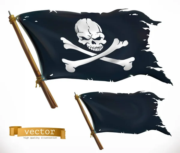 Pirát. Černá vlajka. Ikona vektoru Jolly Roger 3d — Stockový vektor