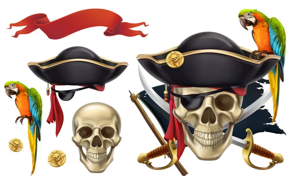 Skull and parrot. Pirate emblem. 3d vector icon set — Stock Vector