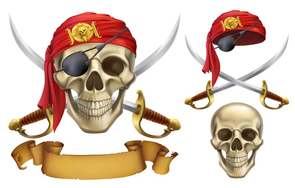 Skull and sabers. Pirate emblem. 3d vector icon set — Stock Vector