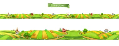 Çiftlik. Peyzaj, pürüzsüz panorama, 3d vektör illüstrasyonu