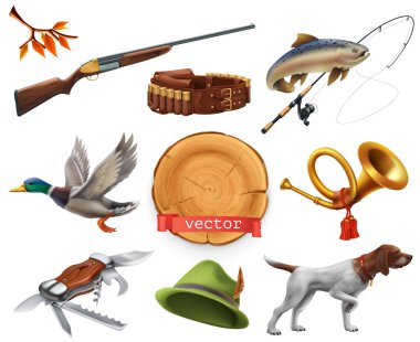 Av seti. Ön koltuk, köpek, ördek, balık, boynuz, şapka, bıçak. 3d vektör simgesi