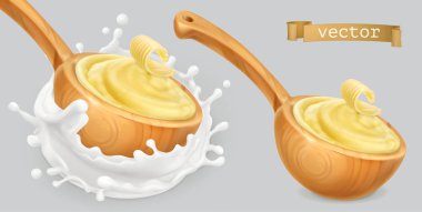 Anında tereyağı ve sütle patates püresi. 3d vektör simgesi ayarlandı