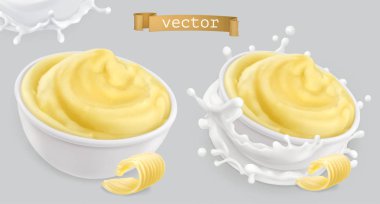 Anında tereyağı ve sütle patates püresi. 3d vektör simgesi ayarlandı