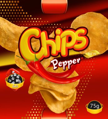 Patates cipsi. Biber lezzet. Paketleme, 3B vektör şablonu Tasarla