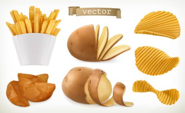 Patates, kama ve kızartma cipsi. Sebze. 3d vektör simgesi ayarlandı
