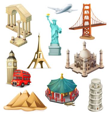 Seyahat, turizm cazibe. 3D vektör Icon set