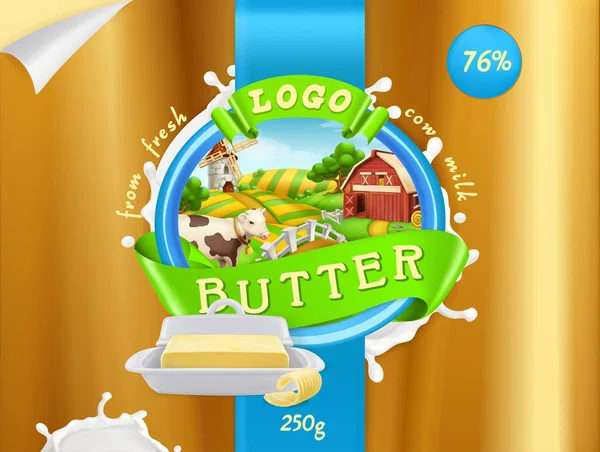 버터, 우유 농장입니다. 3d 현실 벡터, 패키지 디자인 — 스톡 벡터