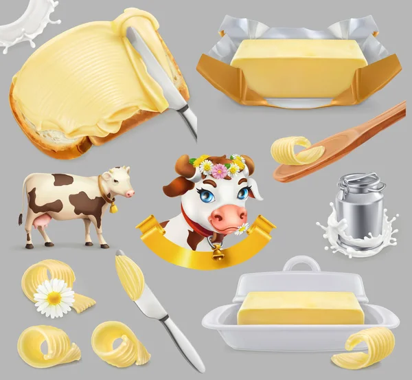 Manteiga. Fazenda leiteira. 3d vetor realista conjunto de ícones — Vetor de Stock