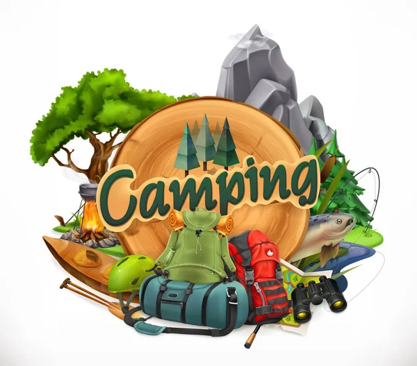 Camping, 3d vector emblem — Stock Vector