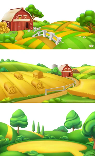 Boerderij en natuur. Landschap panorama set, 3D vector illustratie — Stockvector