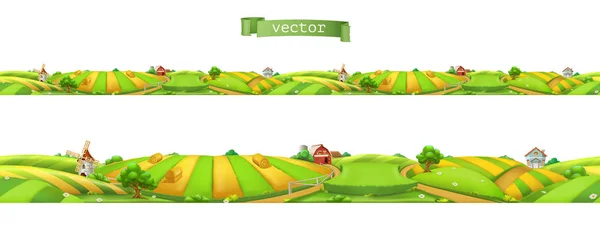 Bauernhof. Landschaft, nahtloses Panorama, 3D-Vektorillustration — Stockvektor