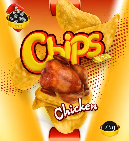 Des chips de pommes de terre. Saveur de poulet. Emballage de conception, modèle vectoriel 3d — Image vectorielle