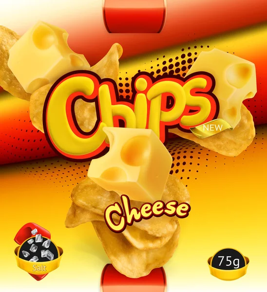 Des chips de pommes de terre. Saveur de fromage. Emballage de conception, modèle vectoriel 3d — Image vectorielle