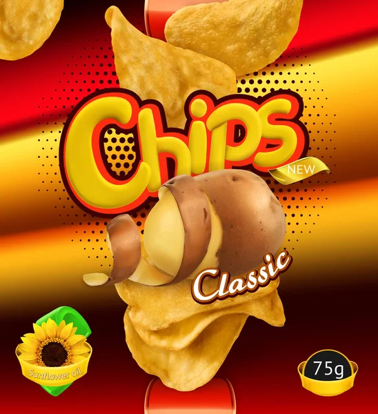 Kartoffelchips. Designverpackung, 3D-Vektorvorlage — Stockvektor