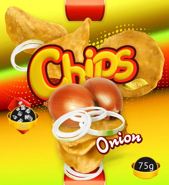 Des chips de pommes de terre. Saveur d'oignon. Emballage de conception, modèle vectoriel 3d — Image vectorielle