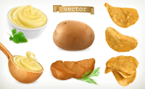 Patates, püre ve cips. Sebze. 3d vektör simgesi ayarlandı — Stok Vektör