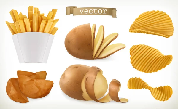 Potatis, kilar och friterade chips. Vegetabiliskt. 3D vektor ikon set — Stock vektor