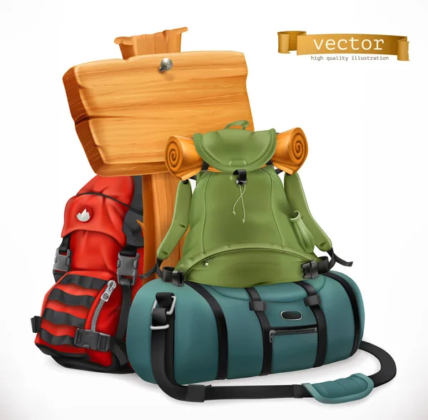 Mochila y bolso turístico, Viajes, icono de vector 3d — Vector de stock