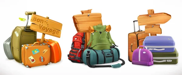 Подорожі. Сумка, рюкзак, валіза та дерев'яний знак — стоковий вектор
