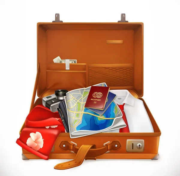 旅行だ。スーツケースを開けて。3Dベクトルアイコン — ストックベクタ