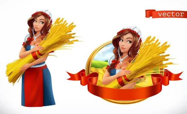 Woman with a sheaf of wheat. Peasant, farmer character and label. 3d vector icon — Stock Vector