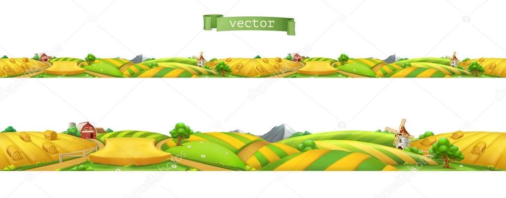 Farm. Landscape, seamless panorama. 3d vector illustration