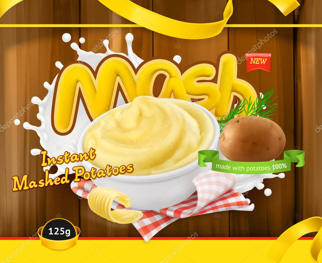 Instant mashed potatoes. Design packaging 3d vector template