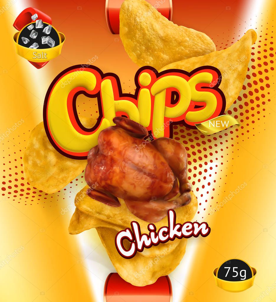 Potato chips. Chicken flavor. Design packaging, 3d vector template