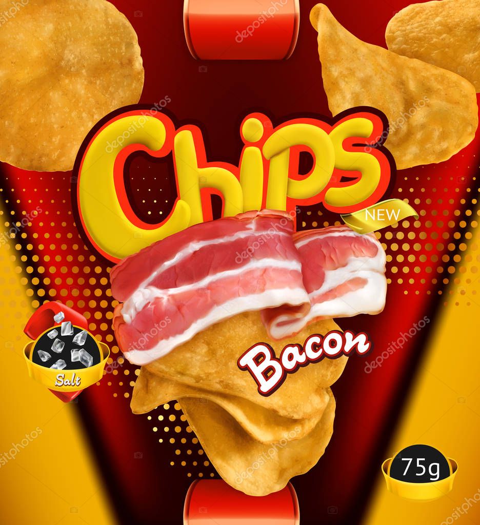 Potato chips. Bacon flavor. Design packaging, 3d vector template