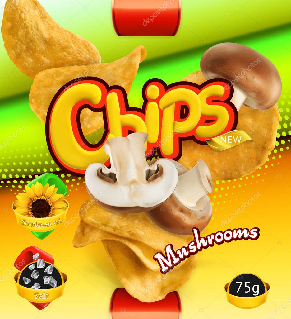 Potato chips. Mushrooms flavor. Design packaging, 3d vector template